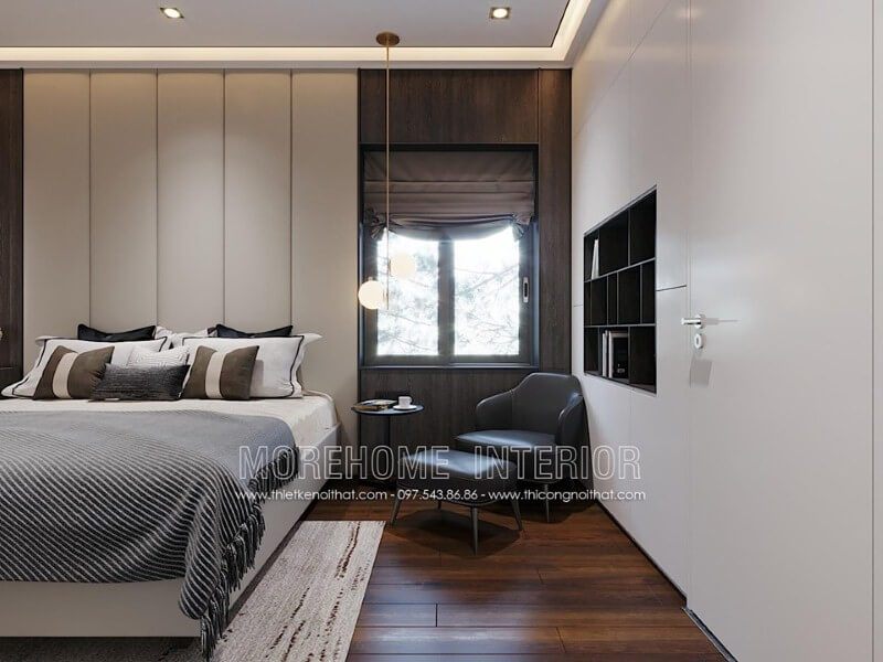 Tấm gỗ ốp tường vân gỗ óc chó đẹp mắt điểm nhấn ấn tượng cho phòng ngủ hiện đại khi kết hợp với tone màu trắng chủ đạo.