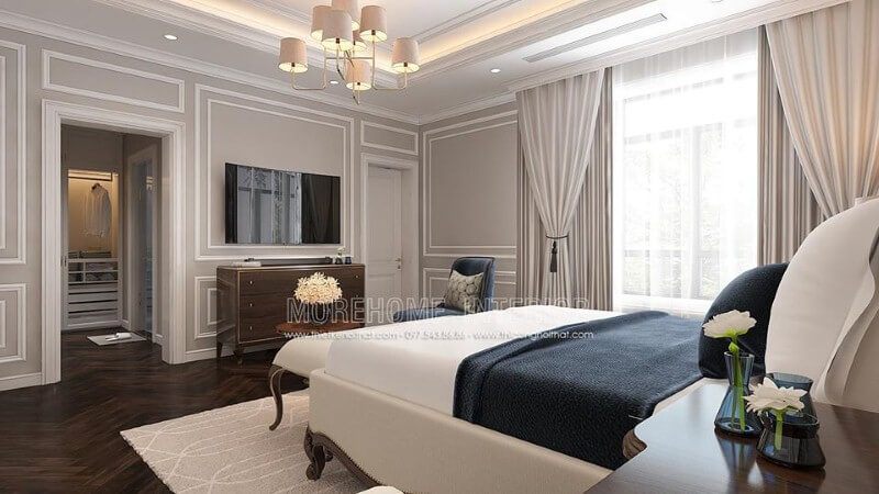 Trang trí nội thất phòng ngủ vợ chồng tân cổ điển sử dụng tone trắng chủ đạo sẽ là lựa chọn ấn tượng cho chủ nhà mệnh Kim.