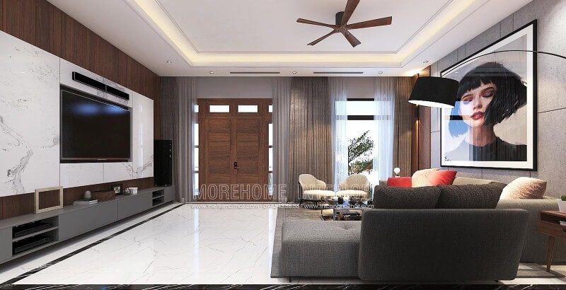 Thiết kế nội thất phòng khách hiện đại đẹp, sang trọng từ đá ốp tường vân mây, tranh treo tường nghệ thuật cùng sofa hiện đại cao cấp.